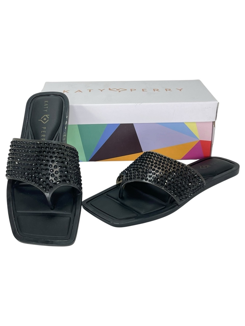 Katy Perry Collections Black Jeweled Toe-Loop Slide Sandals